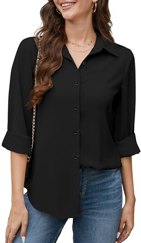 Stamain Womens Black Shirts Long Sleeve Chiffon Wrinkle-Free Blouses Ladies Casual Wrinkle Free Button Down Tops for Business Work L
