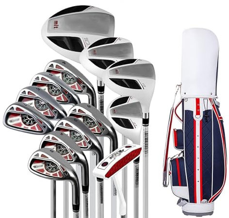 Complete Set Golf Package Fitted, Men's Golf Club with Carbon Shaft, Men 13 Piece Including Driver, Fairway, Hybrid, Iron, Putter, Vertical Bag