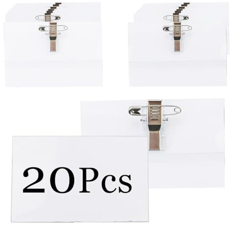 Lot de 20 badges nominatifs pour vêtements - En PVC - Avec clip et épingle - Transparent - Avec étiquettes vierges - 90 x 56 mm