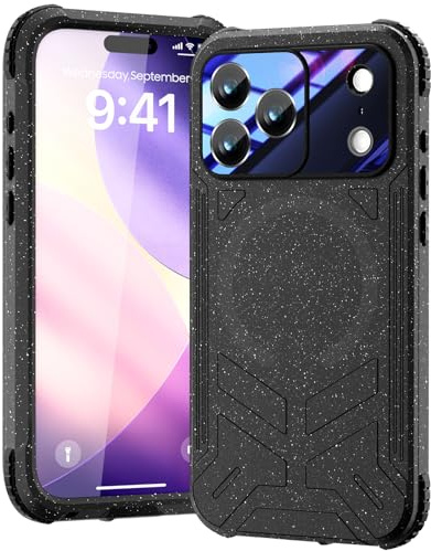 Beeasy für iPhone 17 Pro Max Hülle Wasserdicht für MagSafe, IP68 Wasserfest Staubdicht Handyhülle 360 Grad Outdoor Schutzhülle, Stoßfest Panzerhülle mit Displayschutz 6,9, Schwarz Glitzer
