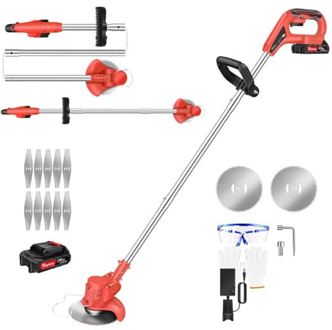 21V Akku Rasentrimmer Kantenschneider Rasen Akku Grass Trimmer, 10000Umdrehungen/Min Leicht Akku Freischneider mit Automatischem Kabelvorschub Und Teleskop- & Drehbarem Griff, 90°Schwenkbarem Kopf