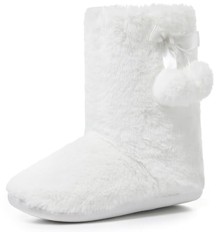 Polar Womens Faux Fur Slipper Boots - Memory Foam Indoor Bootie Slipper with Anti-Slip Rubber Sole - Soft and Fluffy House Slipper with Cute Pompoms - Ankle Boot Slippers