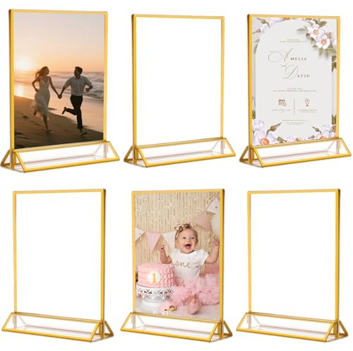 Mockotta A5 Acryl Schildhalter mit goldenen Rändern,6 Stück Aufsteller A5 Klare Vertikale Doppelseitige Stand, Kunststoff-Menü-Halter,Tischnummer Halter für Hochzeit,Restaurant Dekor