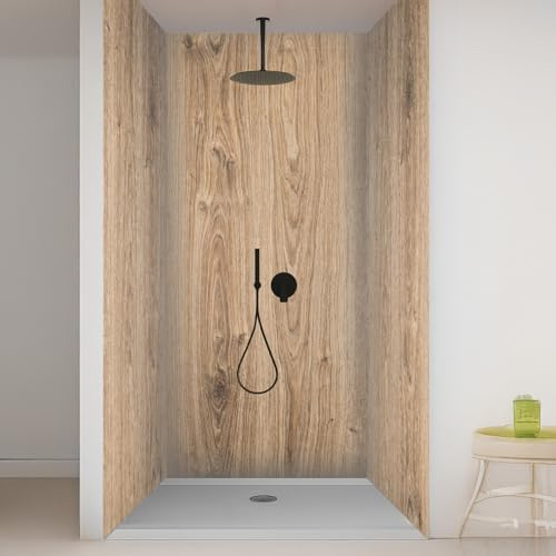 Dedeco 3x Premium Bad Duschrückwand mit Motiv: Holz V1, 90x200cm, wasserfest, hochwertige fugenlose Wandverkleidung aus 3mm-Alu-Verbundplatte, Fliesenersatz ohne Bohren, Made in Germany