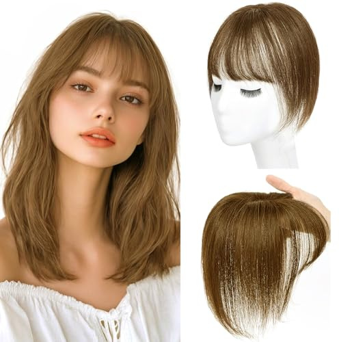 Echthaar-Topfteil für Damen mit realistischer Kopfhaut & Pony - Leichtes 360° Haarteil bei schütterem Haar, für jeden Tag, Farbe: #6 Schokoladenbraun 8 Zoll 20cm