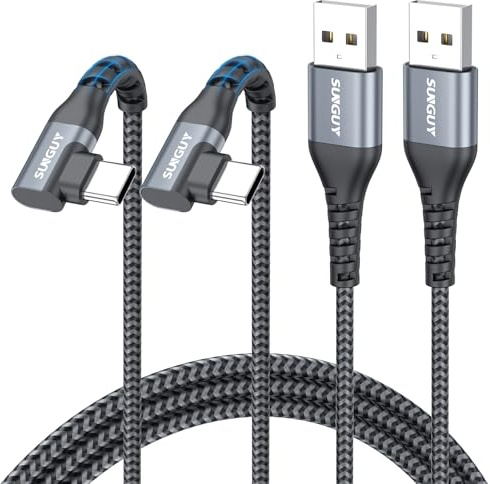 SUNGUY USB to USB C Cable 1.5M, 3A Right Angle USB C Charger Cable [2Pack] | 90 Degree Type C Charger Cable Fast Charging Nylon Braided for iPhone 17/16/15 Pro Max, Galaxy S25 S24 S23 S22, Pixel, iPad