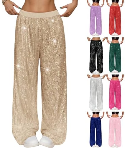Glitzer Hose Damen Lang XS XXL Gold Blau Schwarz PaillettenHose Silber Palazzo Glänzende Langhose High Waist Langes Yoga Hosen Jogginghose Rave Karneval Kostüm Silvester Fasching Party Outfits 2XL 3XL