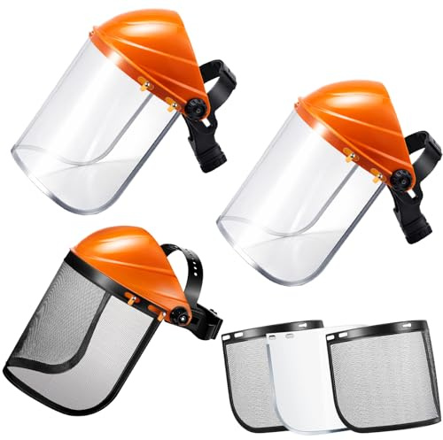 Hestya 3 Set Gesichtsschutzschild Forsthelm Gartenarbeit Holzeinschlag | Schutzvisiere Netzgewebe, Polycarbonat Material, Verstellbares Kopfband, Transparente Visiere für Holzeinschlag, Forstarbeit