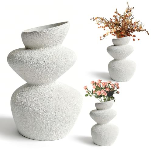 Umllpet Vaso in ceramica, vaso a torre di pietra bianco per fiori, vaso in ceramica scultorea con struttura in pietra grezza, per fiori secchi, erba delle pampa, decorazione con fiori freschi