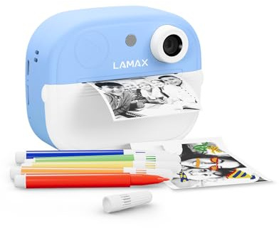 LAMAX InstaKid2 Play Blue Kinderkamera Sofortbildkamera für Kinder Digitalkamera mit Thermodruck ohne Tinte Selfie, Spiele, Sticker, USB-C, 2 Rolle Thermopapier (InstaKid2 Play Blue)