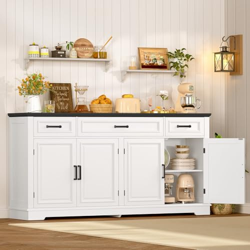 TEENFON 150 cm (B) Sideboard, 83 cm (H) Küchenschrank mit Arbeitsplatte, Buffetschrank mit 3 Schubladen & Verstellbaren Regalen, Küchenzeile für Küche, Wohnzimmer & Flur - 150 x 39.5 x 83 cm - Weiß