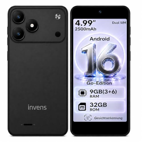 invens TK02 5 Zoll Smartphone, Android 16, 3-Karten-Slot (Dual SIM + microSD), austauschbarer 2500 mAh Akku, 8MP+5MP Kamera, 155 g Leicht, USB-C, 3,5 mm/Radio, Handy Ohne Vertrag, Schwarz