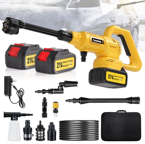 Akku-Hochdruckreiniger 21V, 68 bar/990 PSI, mit 2× 4000 mAh Akkus, 17-teiligem Zubehörset, Verlängerungsstab, 6-in-1- und 180°-Düse, Schaumsprüher, tragbarer Reiniger für Auto,schwarzgelb