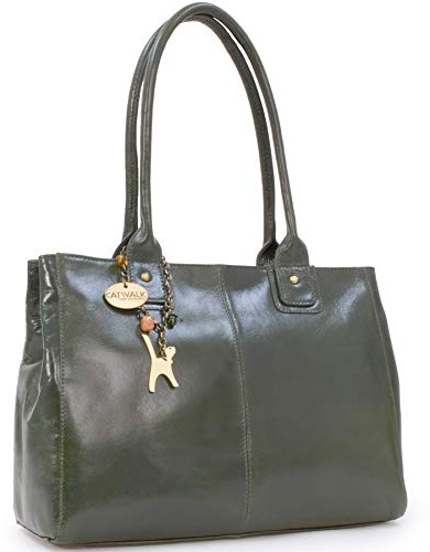 Catwalk Collection Handbags - Damen Leder Schultertasche - Handtasche Tote Bag Groß - Arbeitstasche für Notizbuch A4 - Kensington - Schwarz - Grün