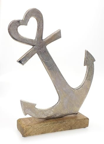 Deko Figur Segelboot 22 cm, Metall Alu Silber auf Sockel aus Mango Holz massiv Natur braun, Dekoboot maritim mediterran, Geschenk Hochzeit Ehehafen