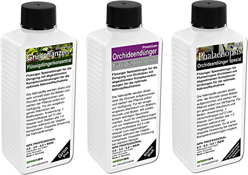 Orchideenhaus Dünger Set mit 3 Profi Flüssigdüngern für kleine und große Orchideenarten
