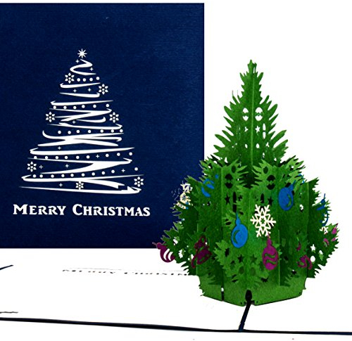 Pop-Up Karte Tannenbaum - klassisch in blau als Weihnachtskarte oder Geschenkkarte zum Advent oder Weihnachten mit englischem Schriftzug