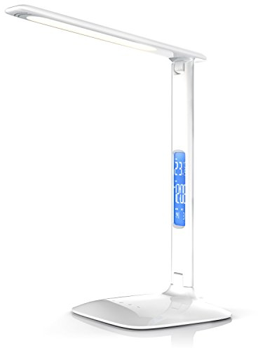 Brandson - dimmbare LED Schreibtischlampe - Augenschutz - 3 Lichtfarben kalt warm neutralweiß mit 5 Helligkeitsstufen - Temperatur Alarm und Kalenderfunktion