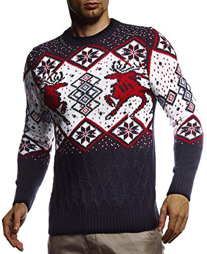 Leif Nelson LN20761 Pull en tricot pour homme, motif norvégien, col rond, pour Noël, idéal pour l’hiver, bleu, XXL