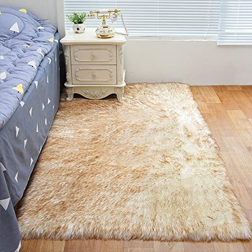 ZFHTAO Faux Schaffell Teppich Lammfell Weichem Kunstfell Schaffell Deko Fell Matte Kunstfell-Fleece Flauschig rutschfest Yoga-Teppich Volle Größe - Weißer Kaffee 60x160cm
