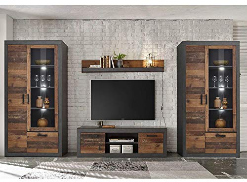 Lomadox Wohnwand TV Wohnzimmerschrank Anbauwand im Industrial-Design in Old Mix Dekor mit Matera grau, inkl. LED, B/H/T ca.: 387/201/43 cm