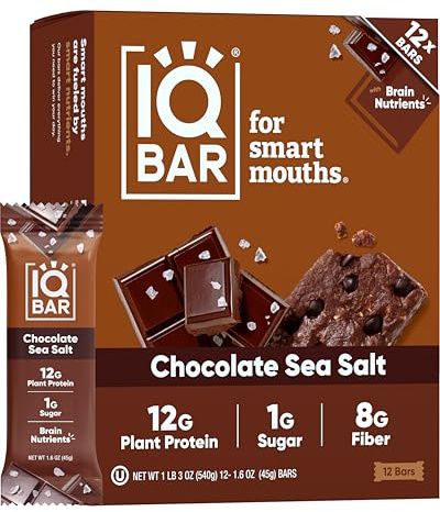 IQBAR Clean Plant Protein Bars - Chocolate Sea Salt - 12 Count - Keto, Vegan, High Fiber, Gluten and Dairy Free, Low Sugar Snack - Brain and Body Nutrients for Focus, Energy, Meal Replacement