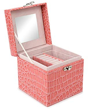 Bingo-Shop Schmuckkasten Damen Schmuckkästchen Reise-Schatulle Schmuckkoffer mit Spiegel für Frauen Schmuck-Organizer Abschließbar Reise-Box für Halskette Ohrringe Armbänder Ringe Uhren Rosa