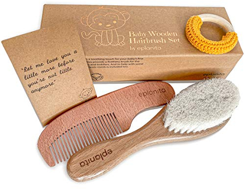 EPLANITA Baby-Haarbürste und Kamm-Set für Neugeborene & Kleinkinder, Holz mit natürlichen Ziegenborsten, für Wiegenkappe und Massage, Extra Beißring, Ideal für die Babyparty