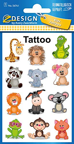 AVERY Zweckform 12 Tattoos Kinder Tiere (Temporäre Tattoos, wasserfeste Kindertattoos, hautfreundliche Klebetattoos, Aufkleber für Jungen Mädchen Mitgebsel Kindergeburtstag Party) 56761