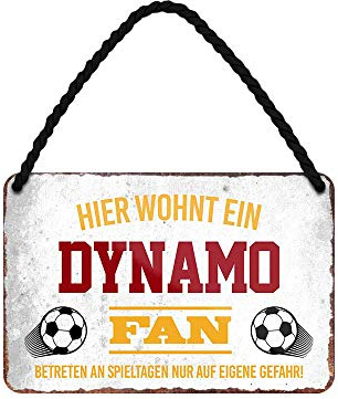 Dynamo Fan Blechschild - Metallschild mit Kordel und Saugnapf - Hängeschild für Fans Ultras Anhänger Begeisterte - Wanddeko Türdeko für Man Cave Jugendzimmer Werkstatt Wohnzimmer - 18x12cm