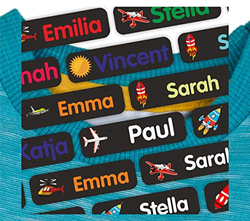 INDIGOS UG® Bügeletiketten Textil - 35-105 Stück - 35x10mm - Fliegen - schwarz - Kleidung - Kinder, Schule und Kindergarten - KITA - Wäscheschilder Namensschilder - Namensaufbügler