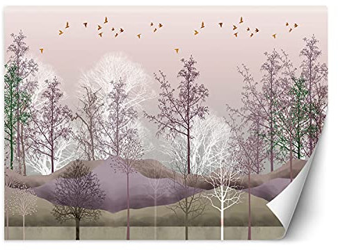 Feeby Papier Peint Intisse Forêt Arbres Nature 450x315 cm rose Décoration Murale Tableaux Poster Muraux Chambre Enfant Salon Salle Cuisine Coucherr Abstrait Collines Oiseaux