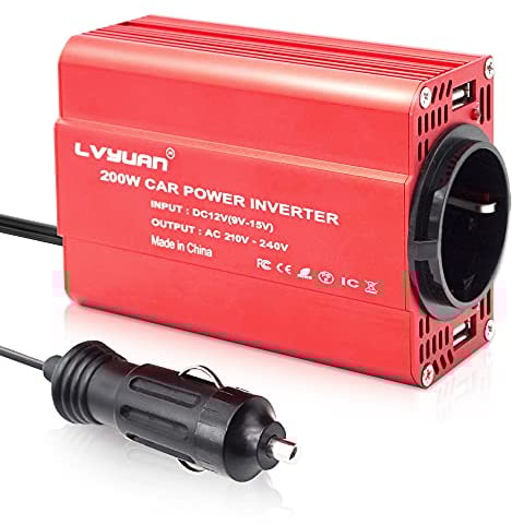 Onduleur 200 W 12 V vers 230 V 2 prises USB Euro Convertisseur de tension de voiture Adaptateur allume-cigare Rouge