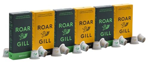 Roar Gill Bold and Cortado 60 Compostable Coffee Pods, Compatible with Nespresso Original Machines – Intensity Level 8 – Dark chocolate, treacle, vanilla – 100% Plastic-Free & Home Compostable