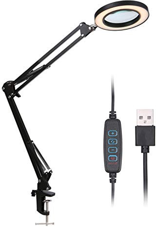 Kavolet LED Lupenleuchte mit Klemme, USB Faltbarem Arbeitsplatzlampe, 8X Vergrößerung 10 Stufen Dimmbar, 3 Farbmodi, Schwenkarm, Lupe zum Lesen für Lesen Basteln Präzisionsarbeit Nähen Hobbys