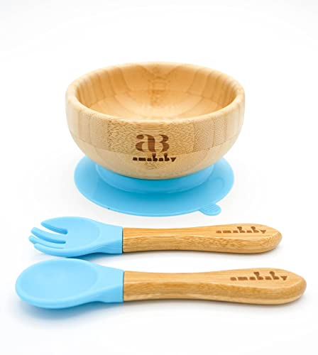 Cuencos de bambú para bebé con cuchara de succión y tenedor. cuencos seguros en su lugar haciendo que la hora de la comida sea un tazón de bambú natural libre de BPA también es fácil de limpiar (azul)