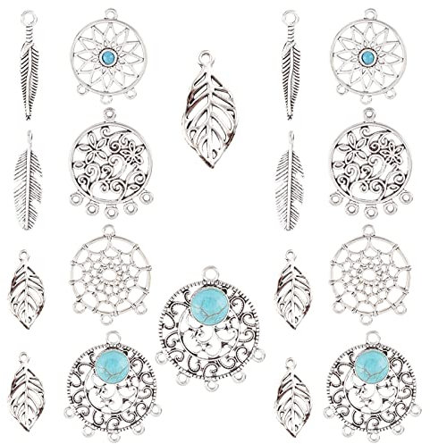 SUNNYCLUE 1 Box 184 Stück 8 Stil Bohemian Feather Dreams Catcher Charms Blatt Kronleuchter Komponenten Links Für DIY Schlüsselanhänger Armband Halskette Ohrring Schmuckherstellung Entdeckungen, Antik