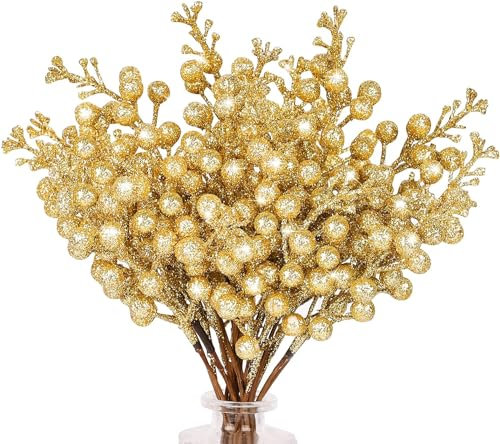 N&T NIETING 24 pezzi oro bacca decorazioni natalizie, 9,8 pollici artificiali glitter bacche steli ornamenti, bacche artificiali agrifoglio per la produzione di corona, forniture per albero di Natale