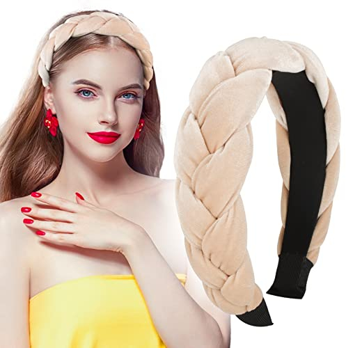 BETESSIN Samt Haarreif Dirndl Geflochten Stirnband Breit Haarband Vintage Gepolsterte Haarreifen Trachten Haarschmuck Rockabilly Kopfband für Damen und Mädchen Beige