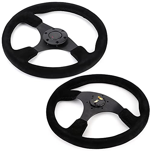 Tbest Volante da corsa in camoscio da 14 pollici/350 mm Stile 6-con cuciture nere e pulsante clacson, Accessorio Modificato per Auto
