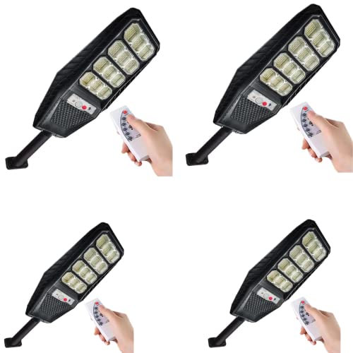 4 Pezzi Lampione Solare a Led esterno 200W, Lampione led solare con Palo e Telecomando, Lampione solare con Sensore di Movimento e Crepuscolare con 144 LED, Luci da giardino.