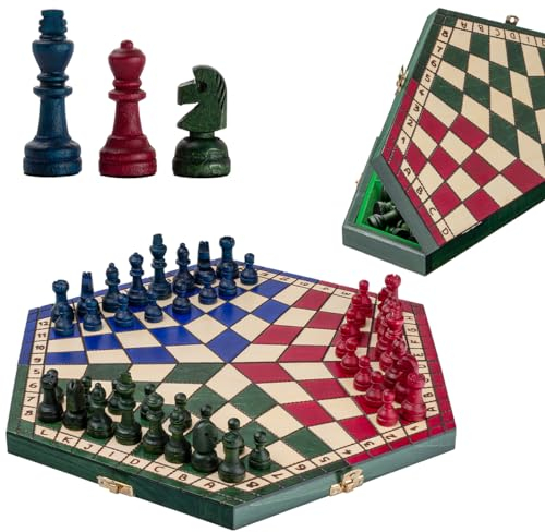 Buntes 3 Personen Schach | Master of Chess | Large Chess Board 40x35 cm | Einzigartig Schachbrett für Kinder und für Erwachsene - Engelhart Hochwertiges Massivholz Schachspiel