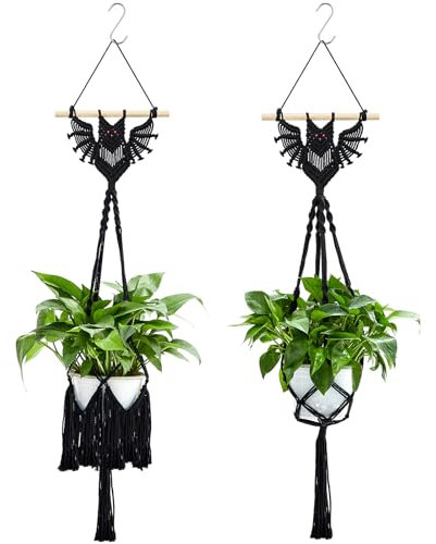 Shappy 2 Packs Jute Crochet Long Plant Hanger for 3 Inch to 12 Inch Pots, Macrame Plant Holder Rope Boho Plant Hanger with 2 S Shaped Hooks for Halloween Home Decor (Black,Bat)