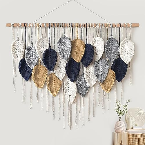 Weldomcor Großer Wandbehang Wandteppich, Boho Makramee Gewebte Handgemachte Quaste Blatt Tapisserie Böhmische Wandkunst Dekor für Schlafzimmer Wohnzimmer Galerie Hintergrund(D)