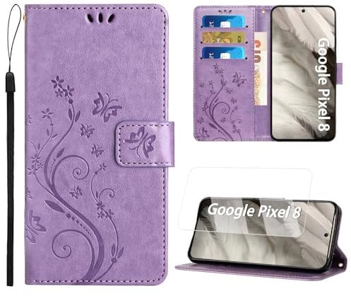 ANSHOW for Google Pixel 8 Wallet Case with Screen Protector, with Wrist Strap, Flip Leather Case with Cards Holder Phone Case with Kickstand Cover for Google Pixel 8, Purple