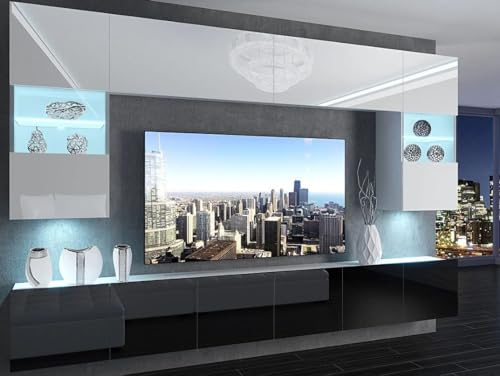 NAKA Wohnwand Sideboard Wohnzimmer Möbel TV-Schrank Lowboard TV-Board Hängeschrank Weiß Schwarz Hochglanz IMP 1/5/W/WB/0/0 mit LED Beleuchtung