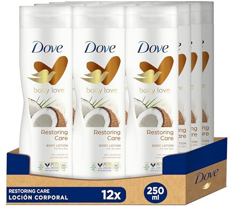 Dove Loción Corporal Cuidado Reparador para todo tipo de piel con Aceite de Coco y Leche de Almendras que hidrata y suaviza la piel seca 250ml, Pack de 12 Unidades