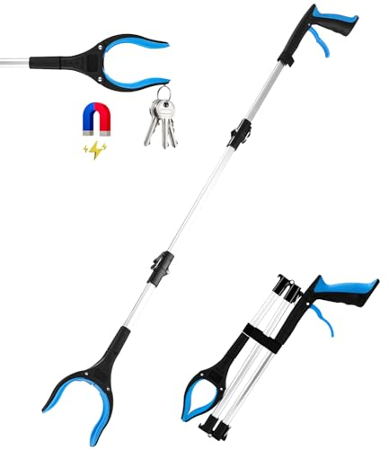 FAOKZE Pinza telescopica Pieghevole per Anziani in Alluminio, 110 cm, Pieghevole con Punte magnetiche, per la Raccolta dei rifiuti (Blu)