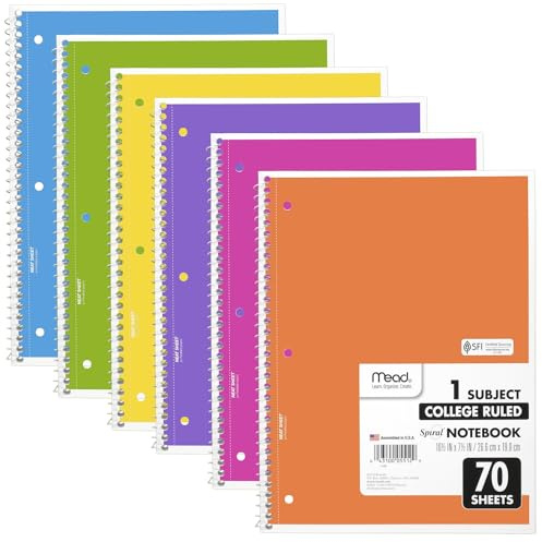 Mead Spiral Notebook, 6 Pack, 1 Subject, College Ruled Paper, 7-1/2 x 10-1/2, 70 Sheets per Notebook, Assorted Bright Colors (830050-ECM)