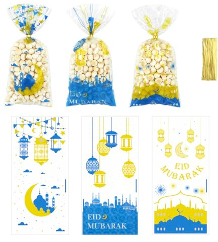 105 Stück Eid Mubarak Zellophantüten, Ramadan Party Favor Supplies, Kunststoff Zellophan Süßigkeiten Cookie Goodie Taschen in 3 Designs, für Eid Party Dekorationen